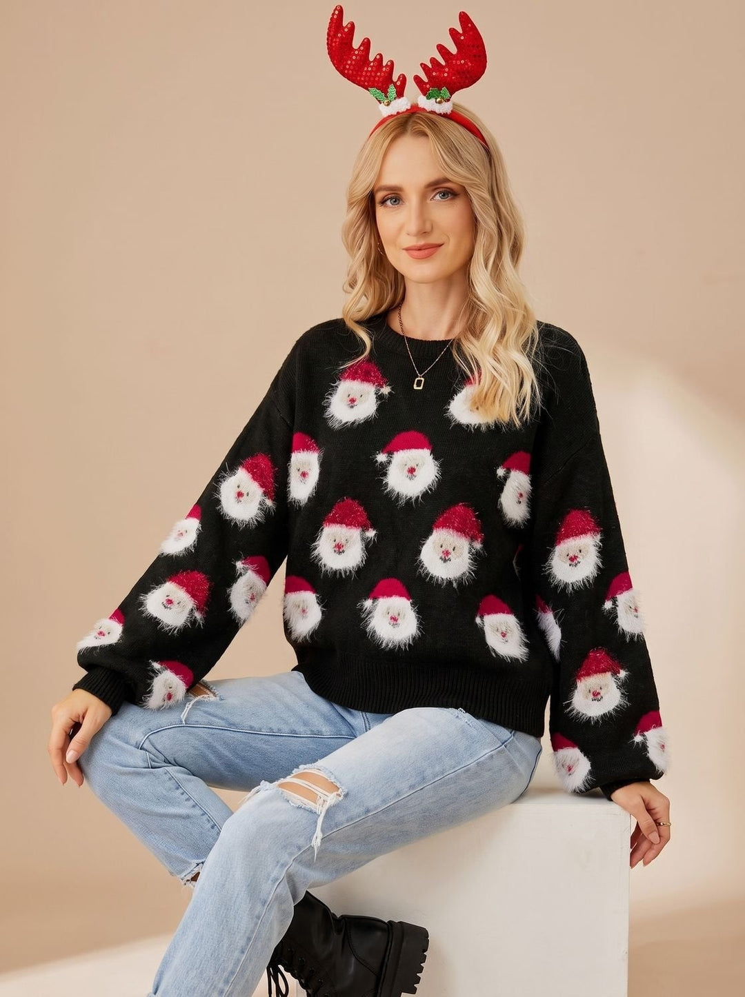 Ladies Warm Christmas Sweater with Santa Print and Round Neck
