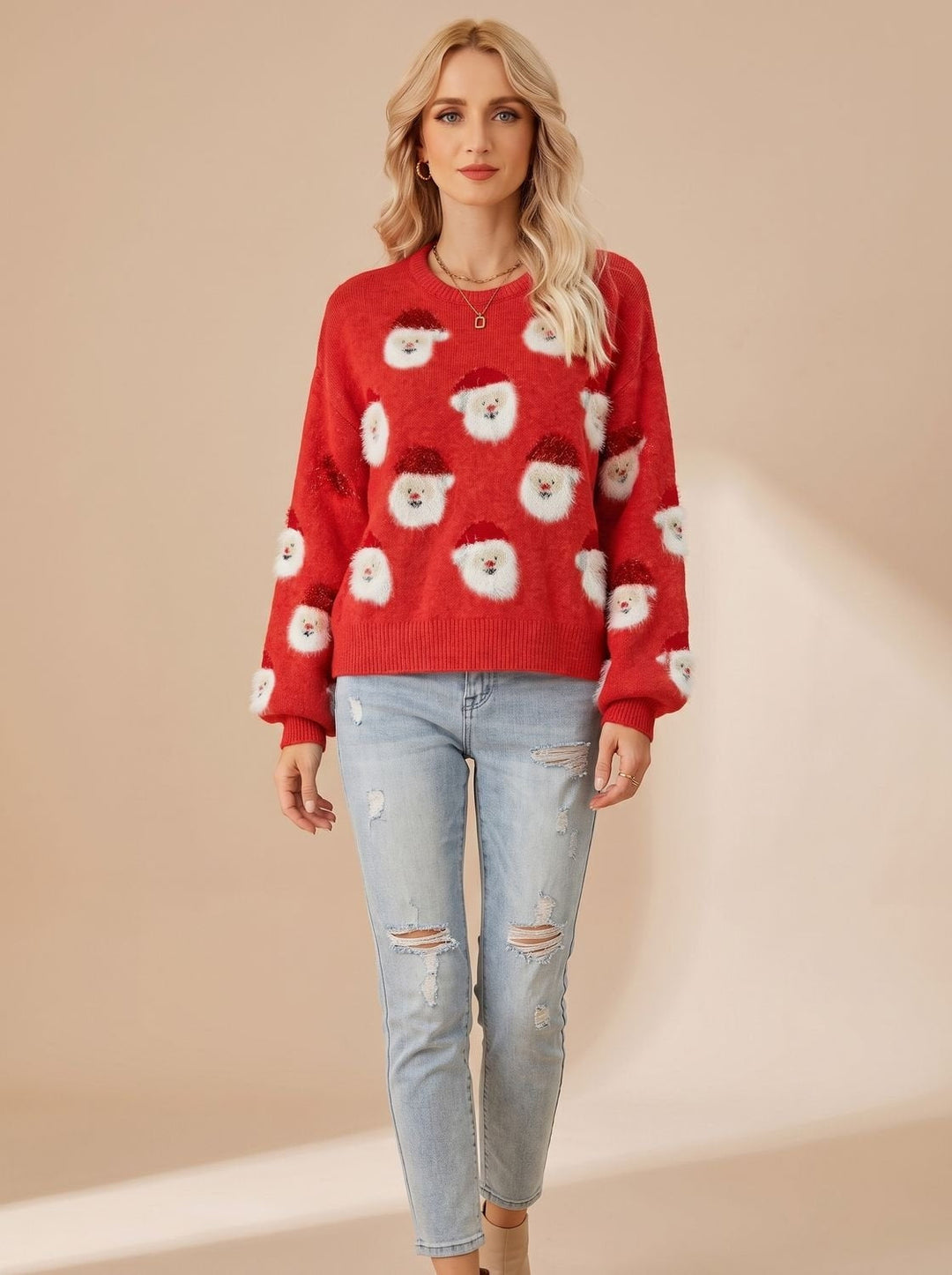 Ladies Warm Christmas Sweater with Santa Print and Round Neck