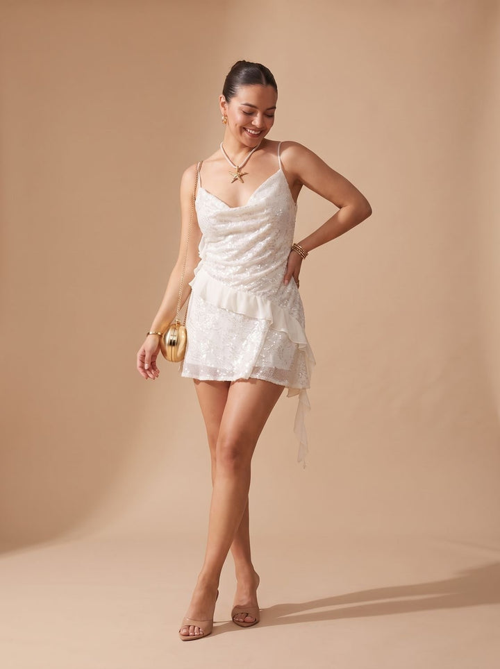 Sanne | Women's White Sequin Mini Party Dress with Spaghetti Straps