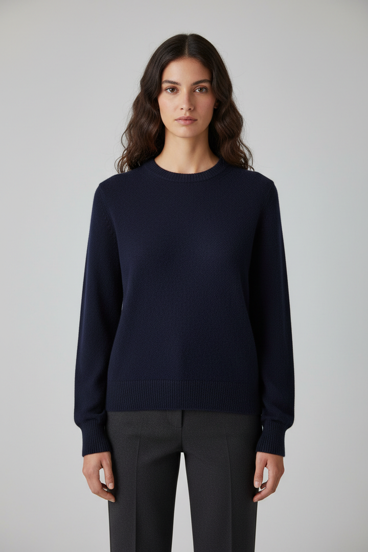 Ladies Fine Knitted Sweater with Round Neck and Ribbed Cuffs