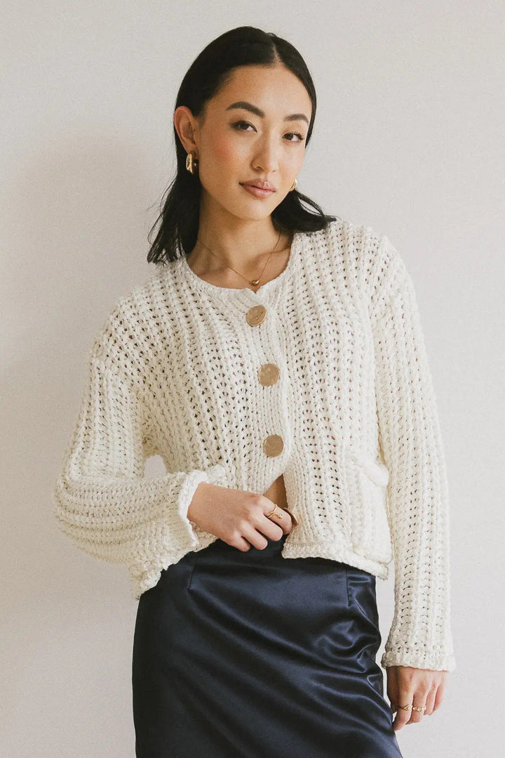 Women's Cardigan with Button Placket and Pockets, Classic with Knit Cuffs - Elena Harper