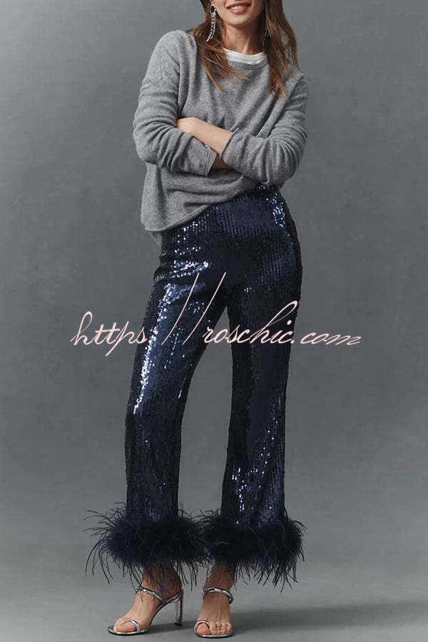 New Year Eve Sequin Feather Trim High Rise Back Zipper Flare Pants