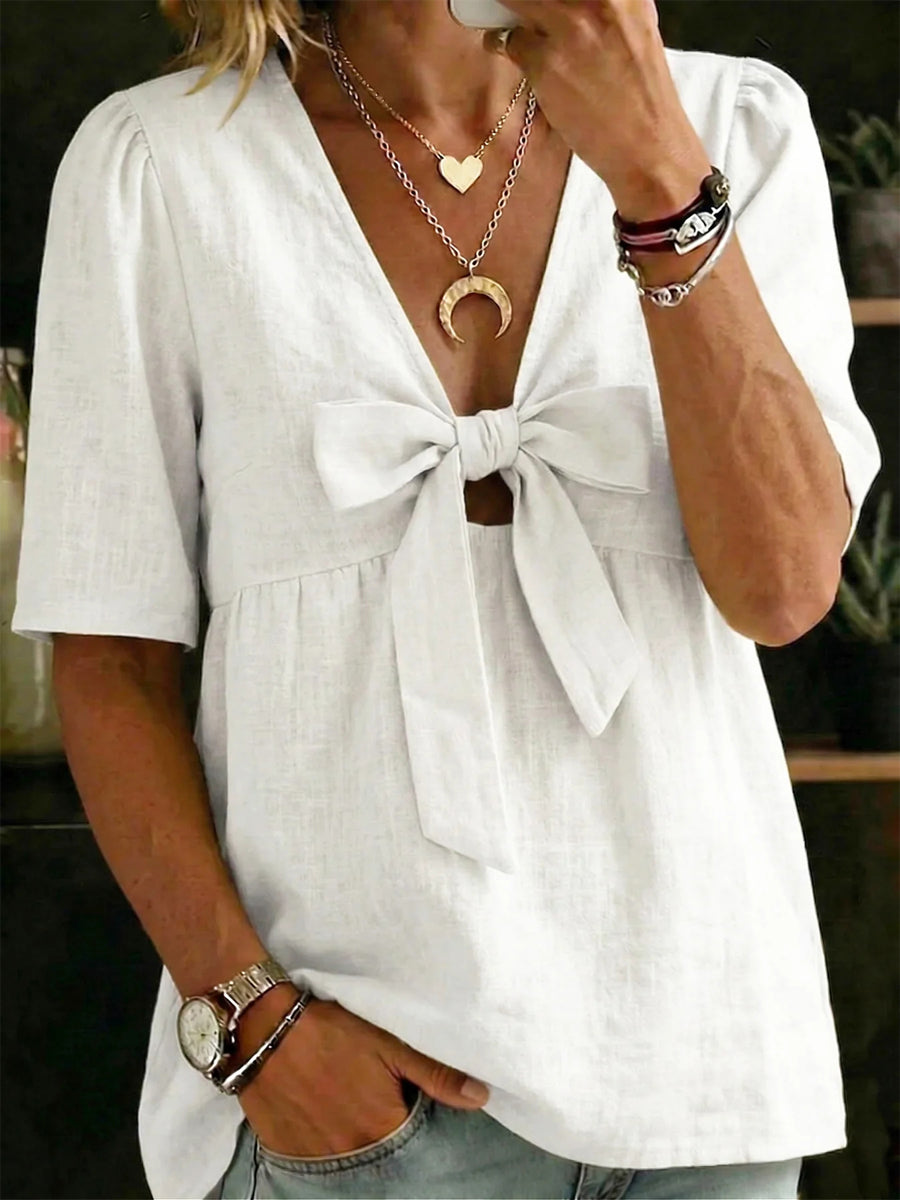 Women's Cotton and Linen Shirt with Knot and V-Neck