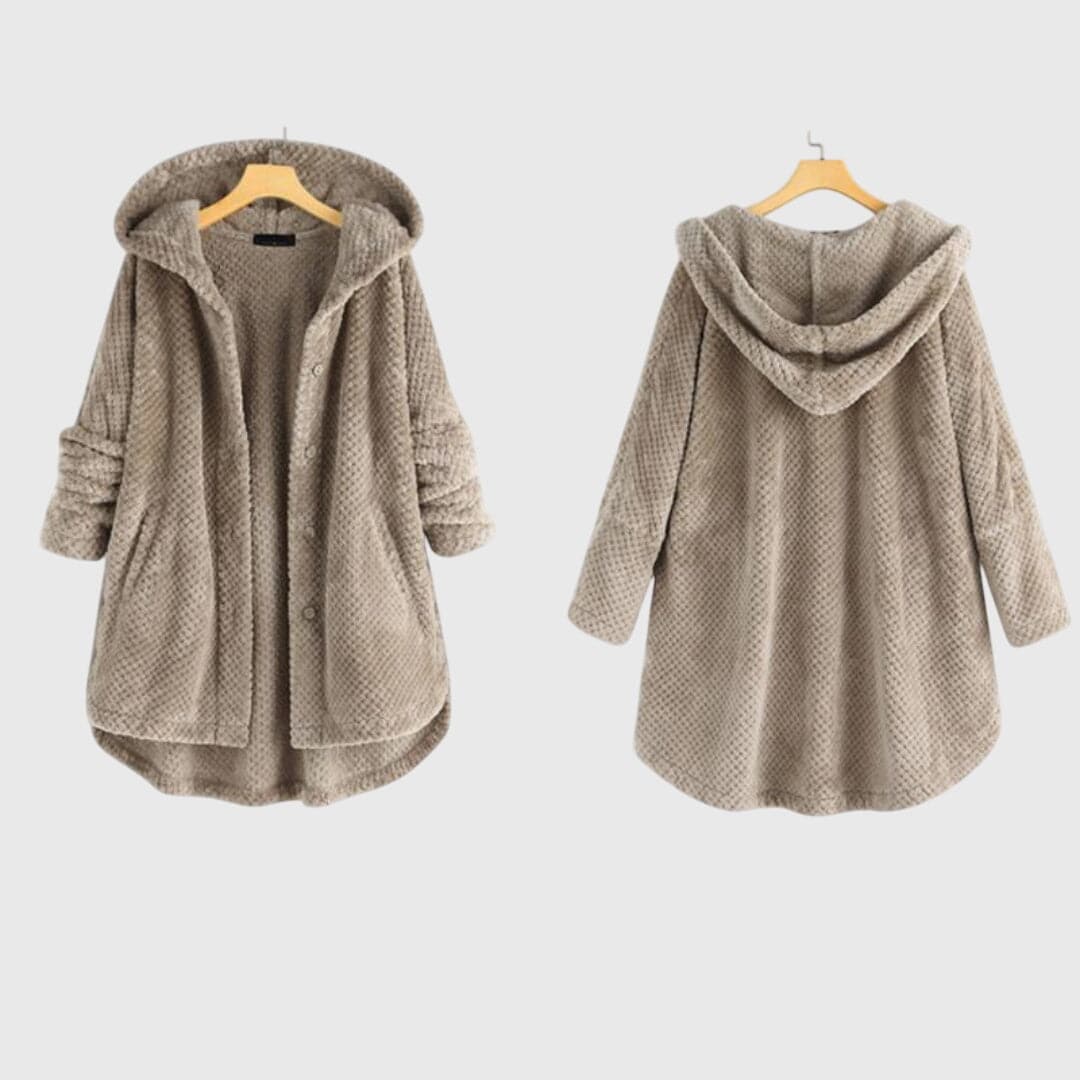 Emma & Rose Cape Town Franca™ soft luxurious fabric jacket with hood, stylish coat featuring plush, comfortable material.