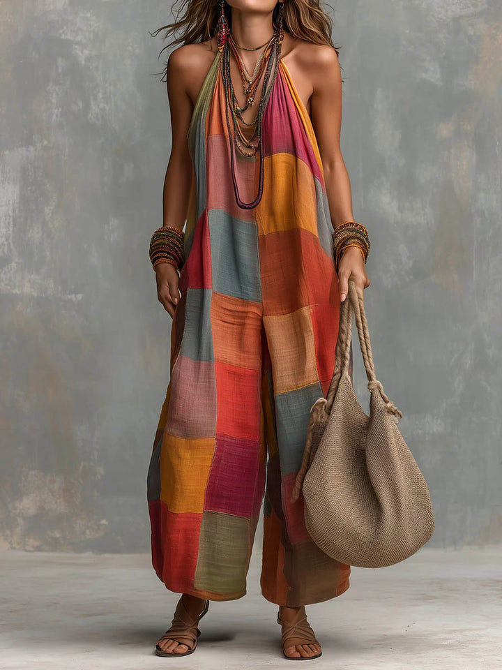 Women's Bohemian Style Loose Cotton Linen Patchwork Jumpsuit