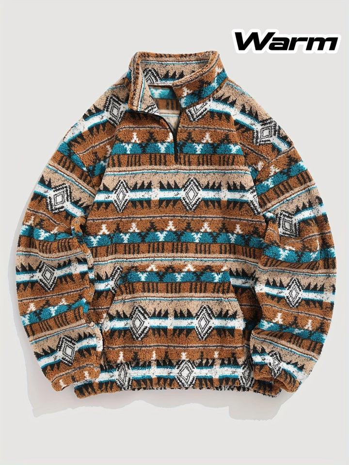 Rowan Patterned Quarter-Zip Pullover, view 3 - Elena Harper