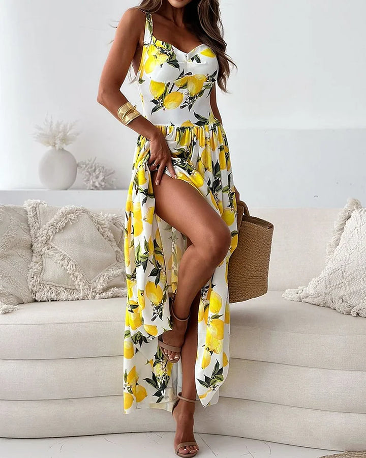 Flower Maxi Dress with Spaghetti Straps and Side Split for Women