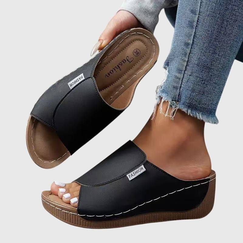 Esther™ orthopaedic wedge sandals by Emma & Rose Cape Town, featuring supportive straps and a textured wedge heel.