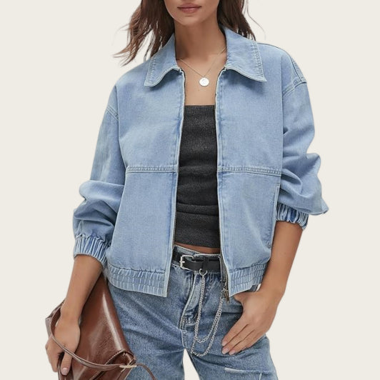 Short Retro Style Denim Jacket with Zip and Lapels