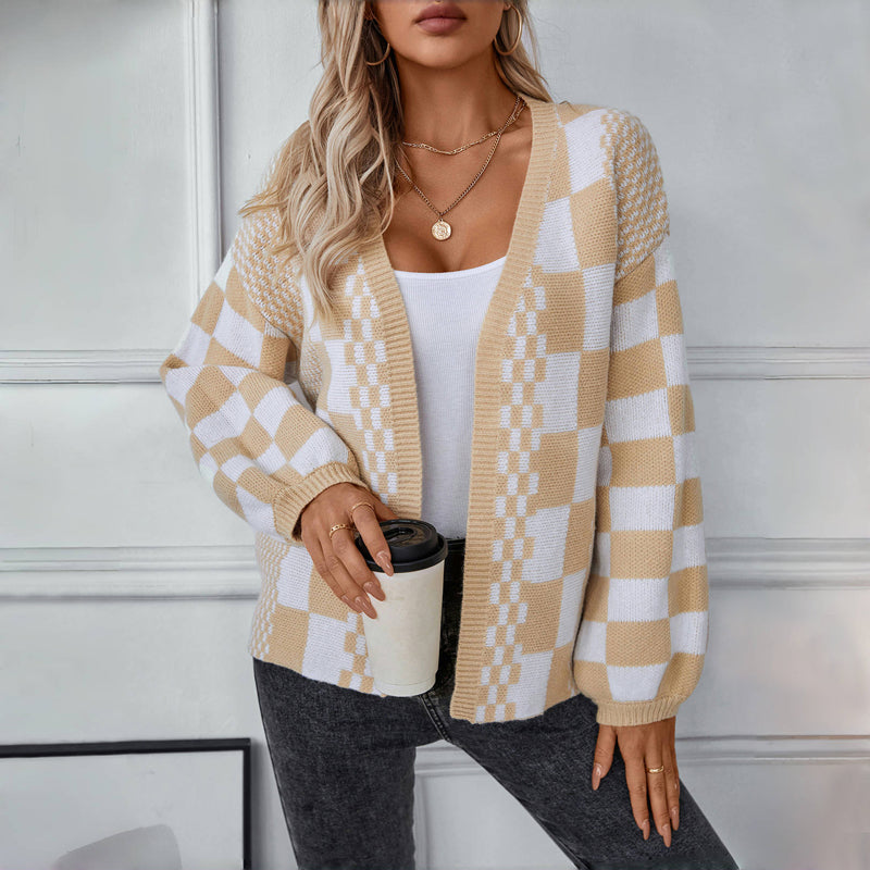 Casual Knitted Plaid Cardigan