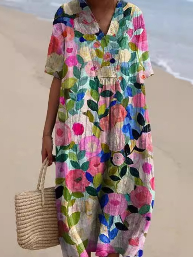 Ladies Midi Dress Short Sleeve with Floral Print - Elena Harper