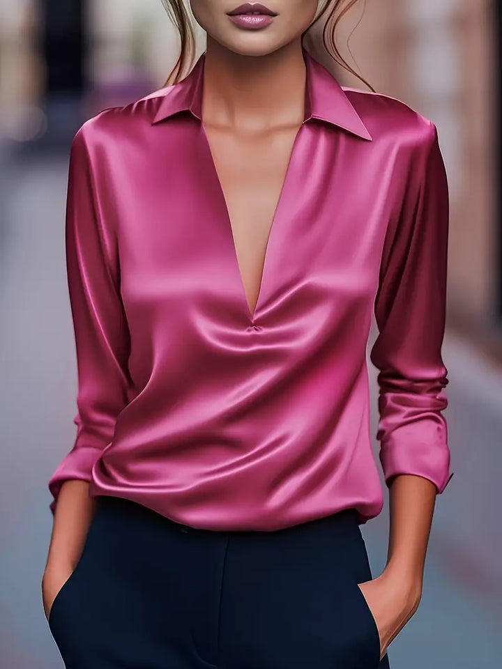 Women's Elegant Collared V-Neck Blouse - Long Sleeve
