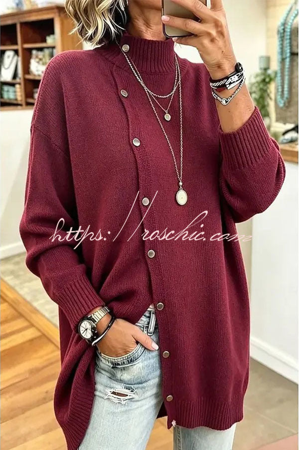 Warm Season Knit Turtleneck Button-down Long Sleeve Loose Sweater
