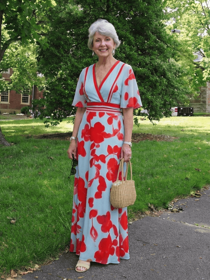 Corinne™ floral maxi dress by Emma & Rose Cape Town featuring long sleeves and vibrant floral pattern, full-length design.