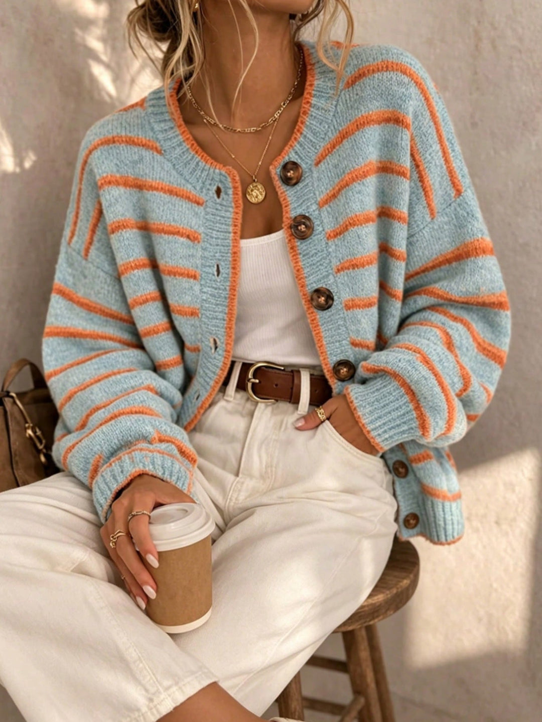 Women's Crew Neck Cardigan – Chic and Casual Euro-American Style