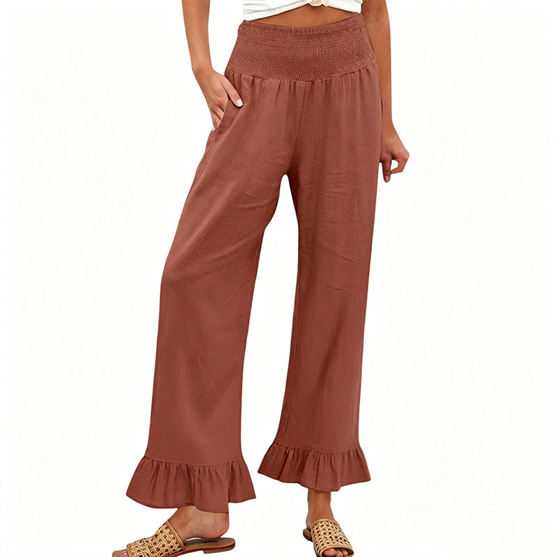 Wide Leg Women's Smocked Waist Cotton Linen Ruffled Bottom Boho Pants