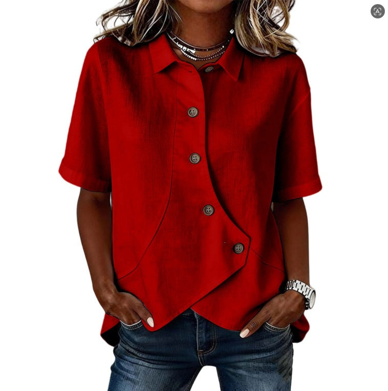 Women's Solid Color Shirt with Asymmetrical Buttoning and Short Sleeves