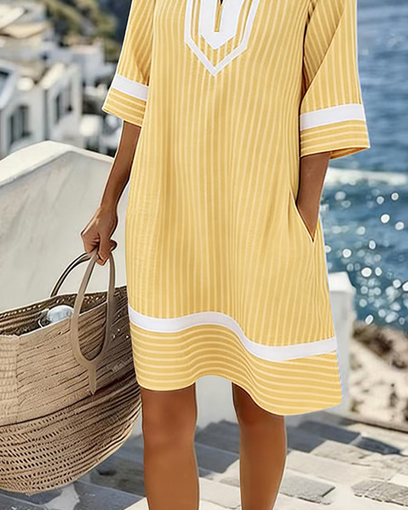 Women's Striped V-Neck Short Sleeve Casual Straight Cut Dress, view 5 - Elena Harper