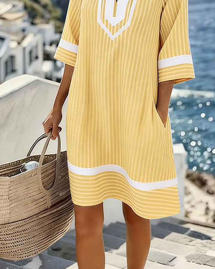 Women's Striped V-Neck Short Sleeve Casual Straight Cut Dress, view 5 - Elena Harper