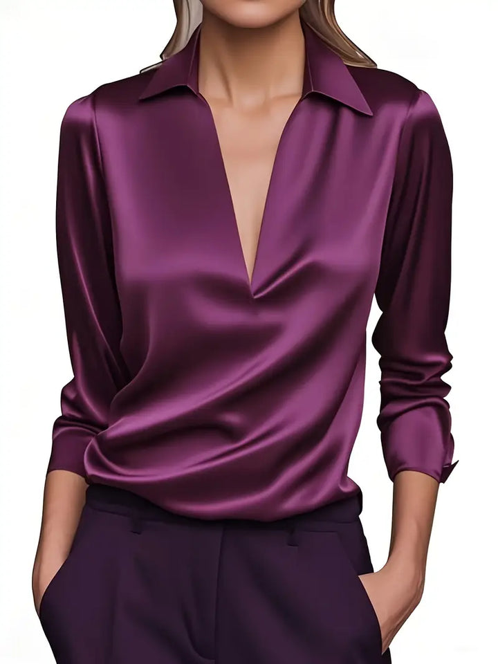 Women's Elegant Collared V-Neck Blouse - Long Sleeve