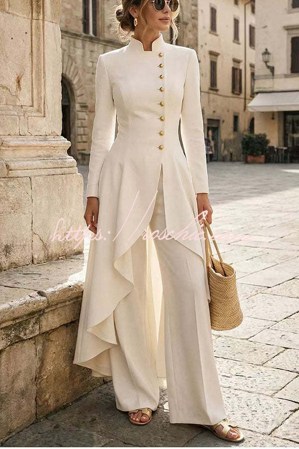 Jemma Stand Neck Long Sleeve Button High Low Hem Top and Wide Leg Pants Set (Shipped Within 24 Hours)