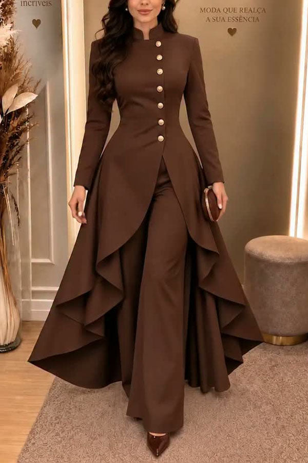 Jemma Stand Neck Long Sleeve Button High Low Hem Top and Wide Leg Pants Set (Shipped Within 24 Hours)