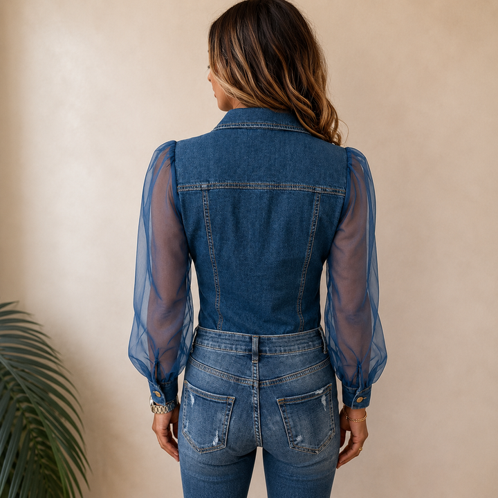 Amelie Stylish Denim-Look Blouse, view 2 - Elena Harper