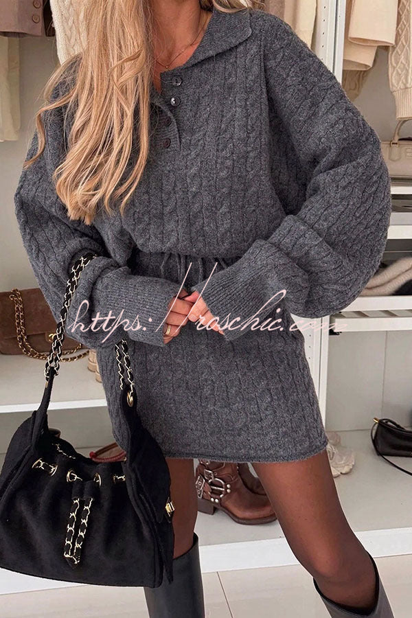 Tanya Cable Knit Button Lapel Loose Sweater and Elastic Waist Mini Skirt Set