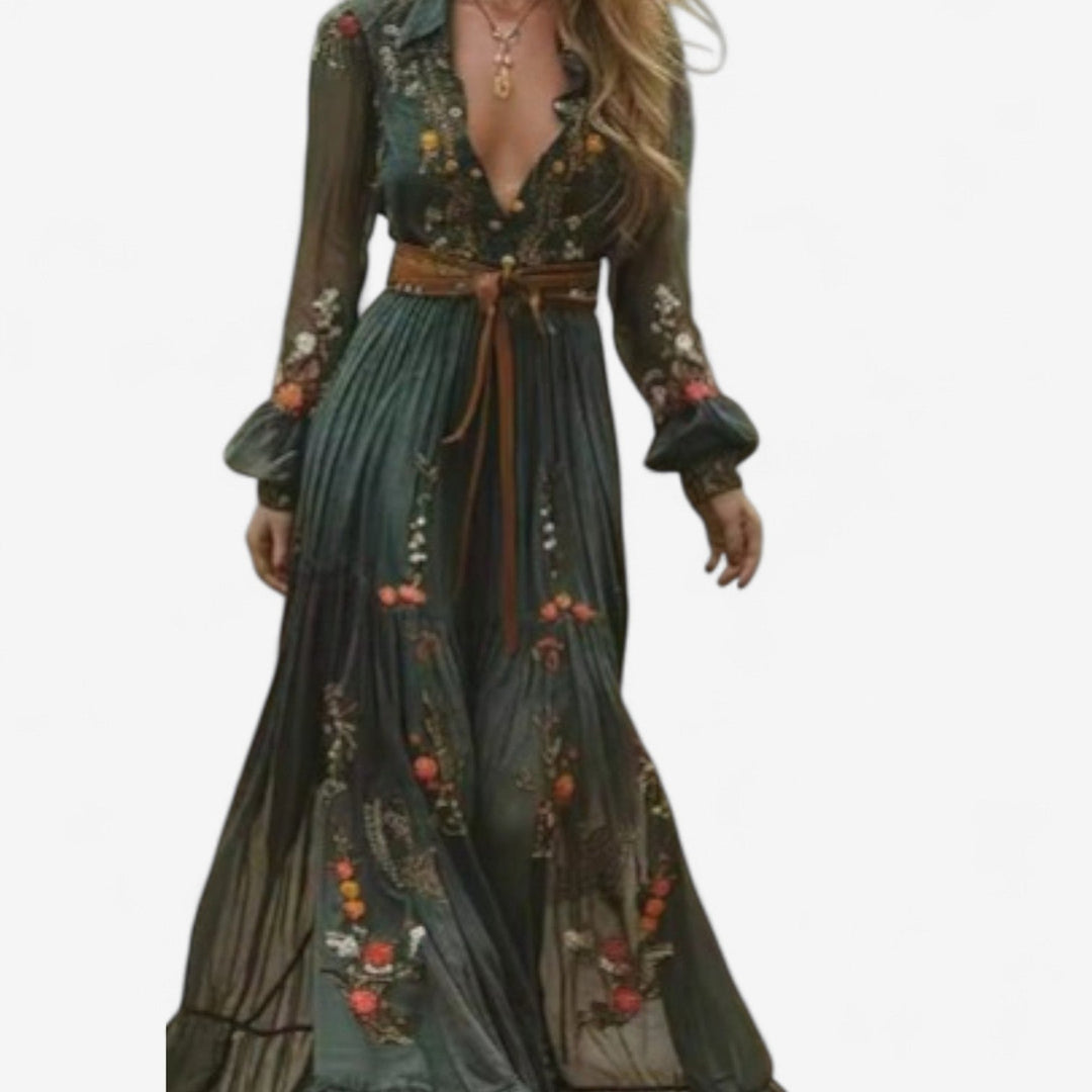 Rachel Embroidered Long Dress, view 2 - Elena Harper
