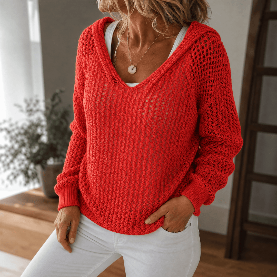 Delyne Women's Open-Knit Hooded Pullover - Elena Harper