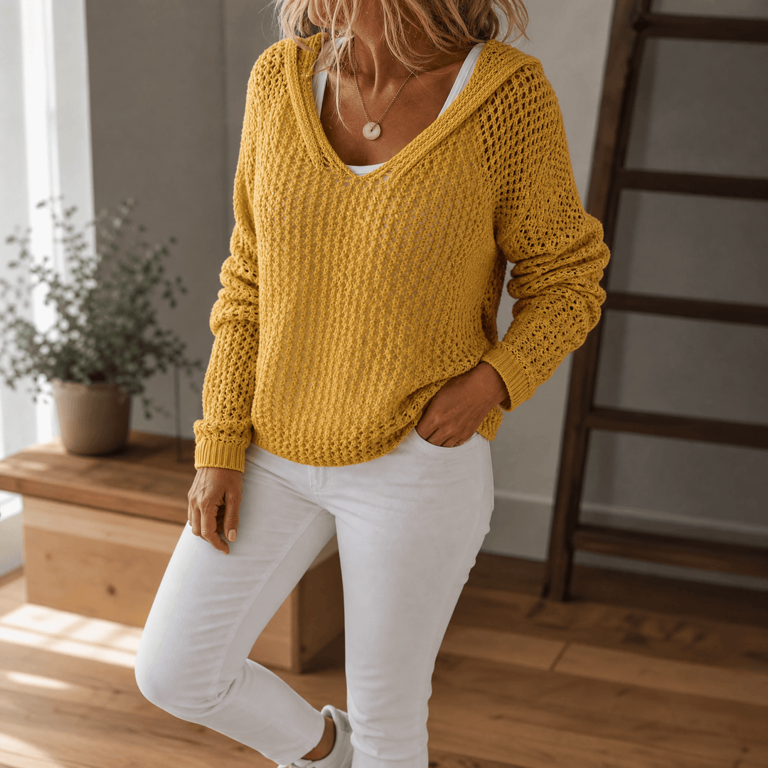 Delyne Women's Open-Knit Hooded Pullover - Elena Harper