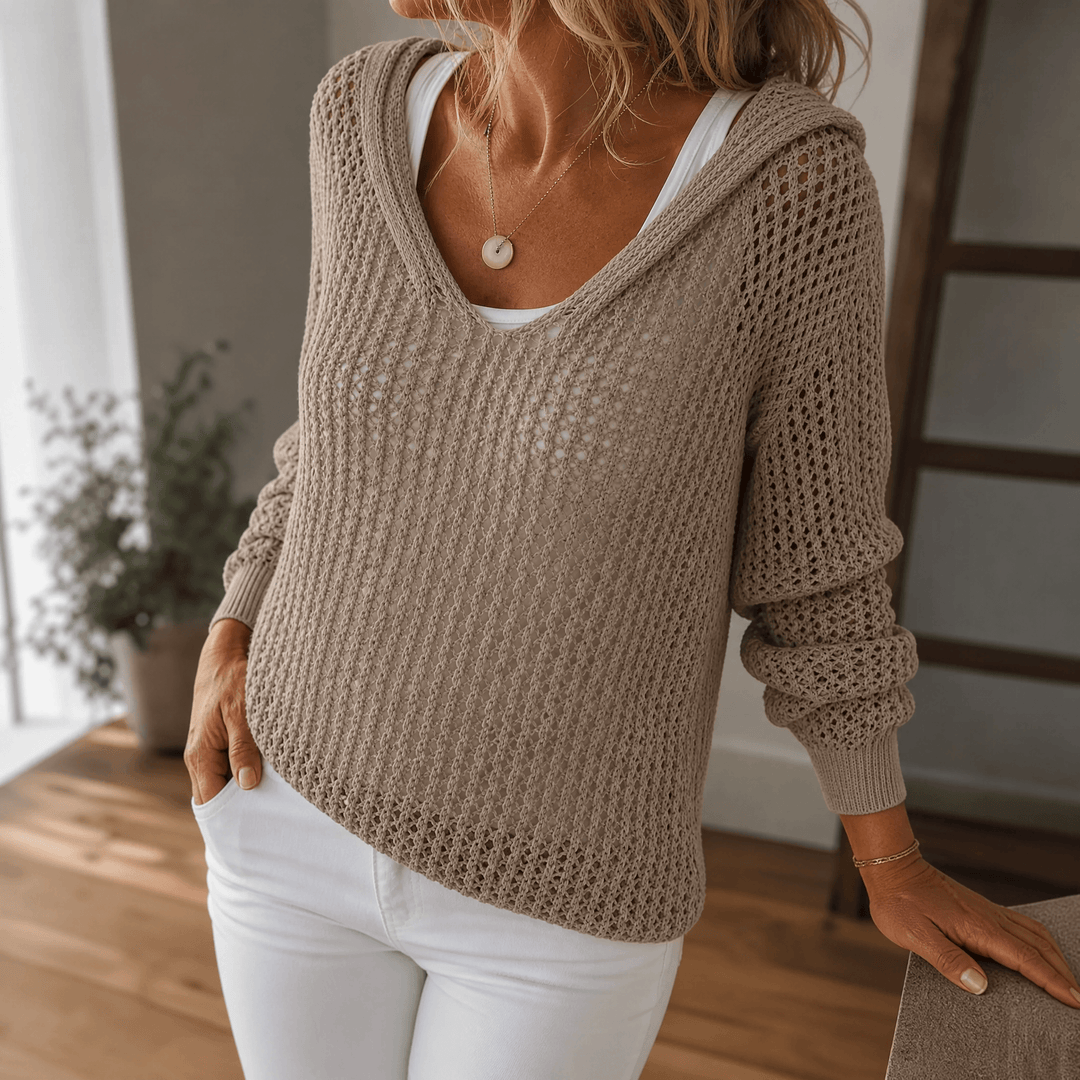 Delyne Women's Open-Knit Hooded Pullover - Elena Harper