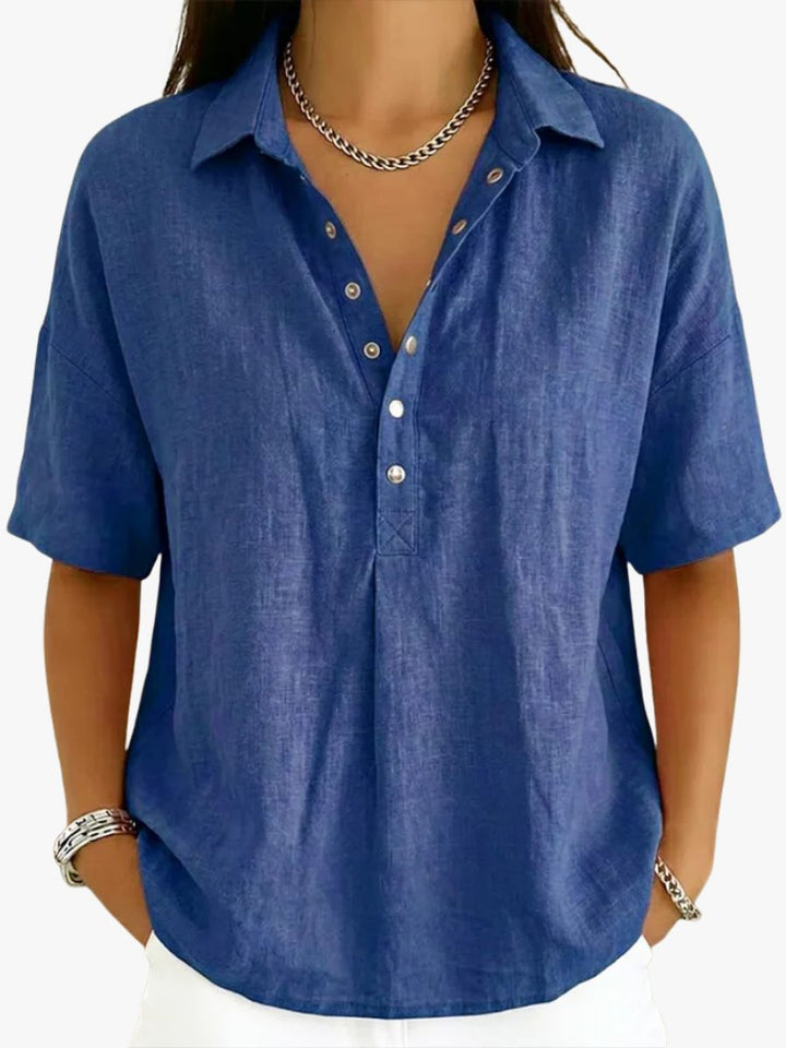 Denim Blouse with V-Neck and Button Closure for Women