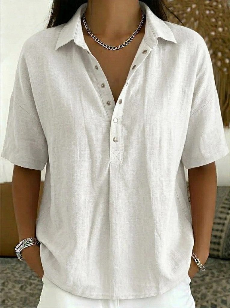 Denim Blouse with V-Neck and Button Closure for Women