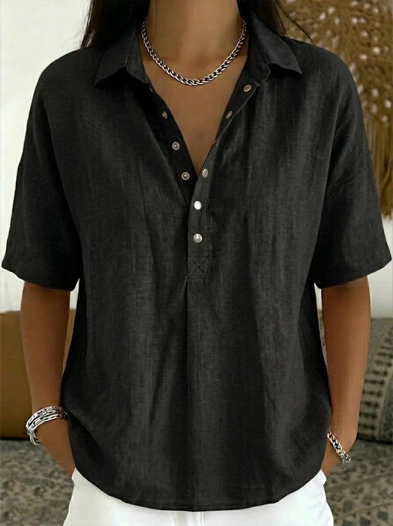Denim Blouse with V-Neck and Button Closure for Women
