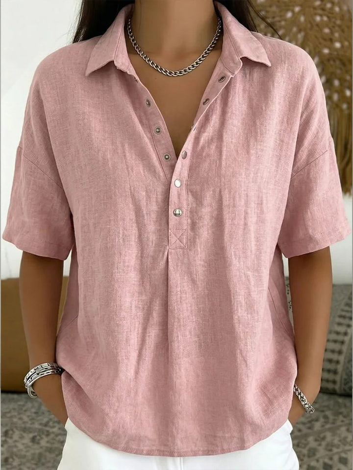 Denim Blouse with V-Neck and Button Closure for Women
