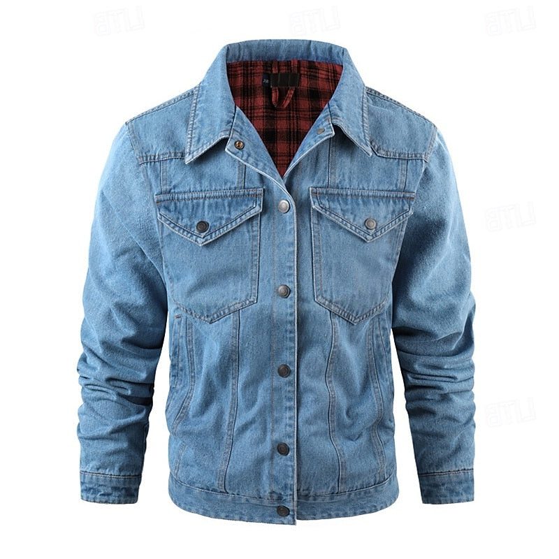 Denim Mid Jacket with Checked Lining for Men