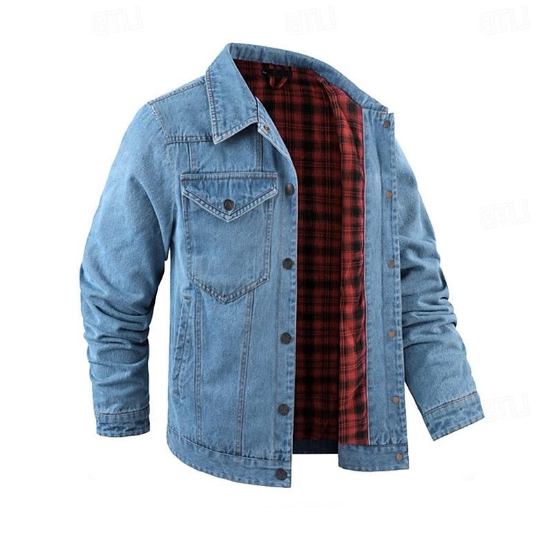 Denim Mid Jacket with Checked Lining for Men