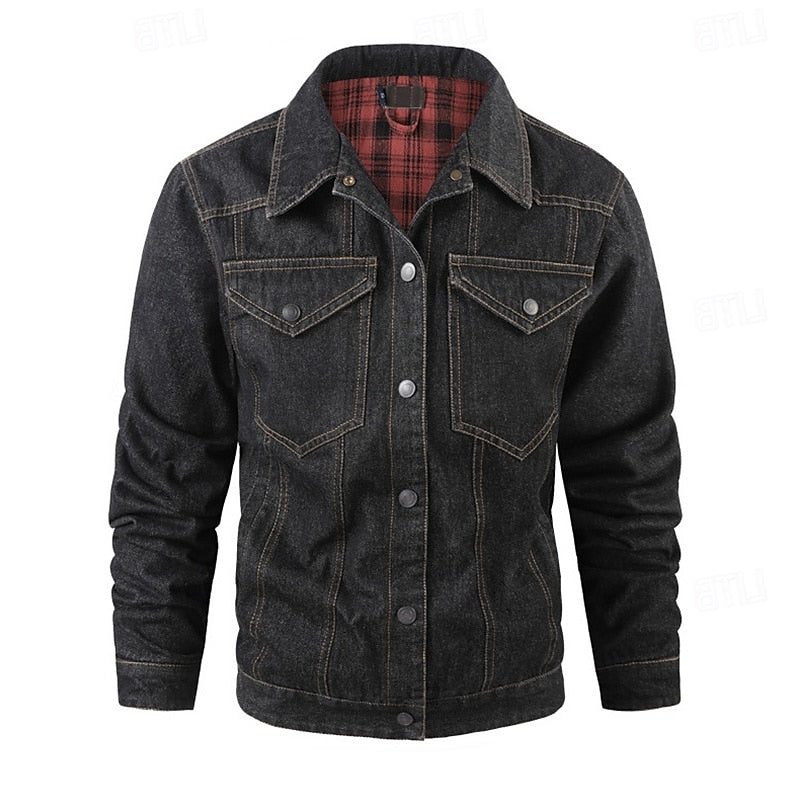 Denim Mid Jacket with Checked Lining for Men