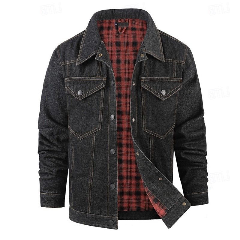 Denim Mid Jacket with Checked Lining for Men