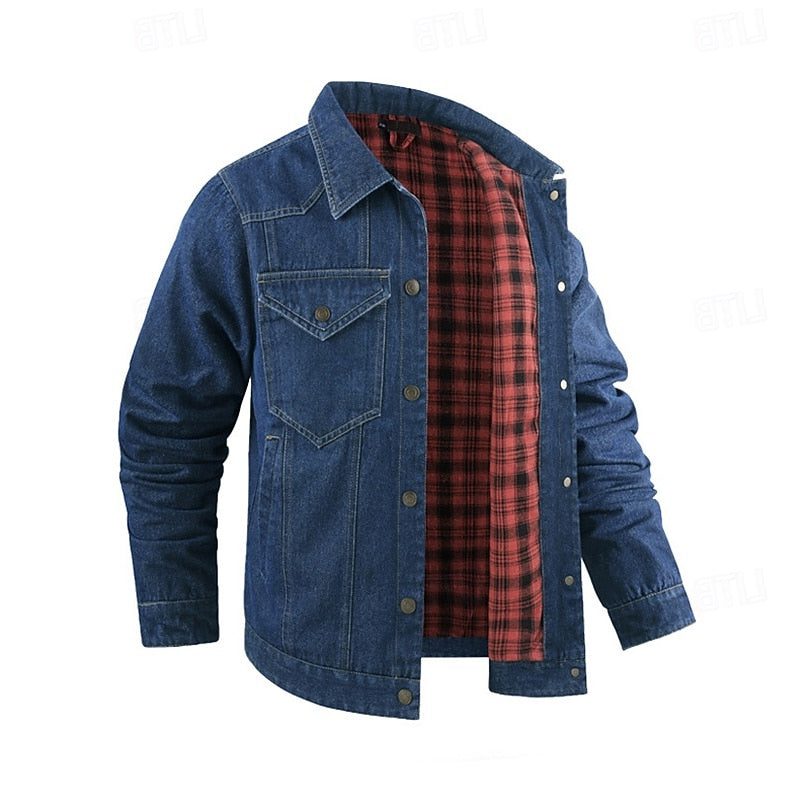 Denim Mid Jacket with Checked Lining for Men
