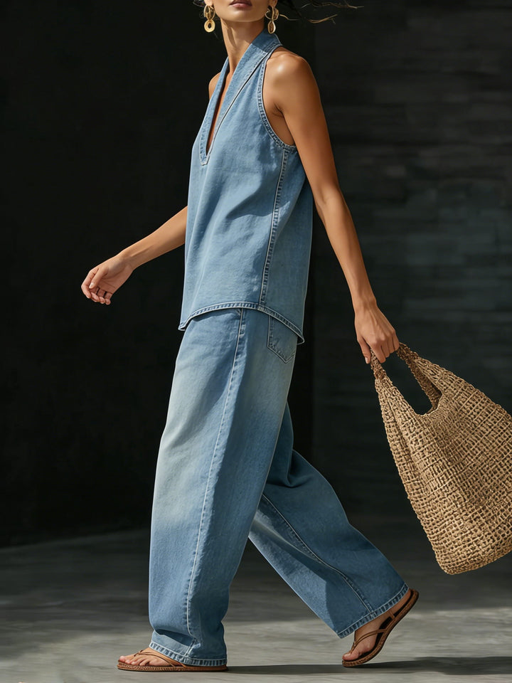Denim Jumpsuit with Halter Neck for Women