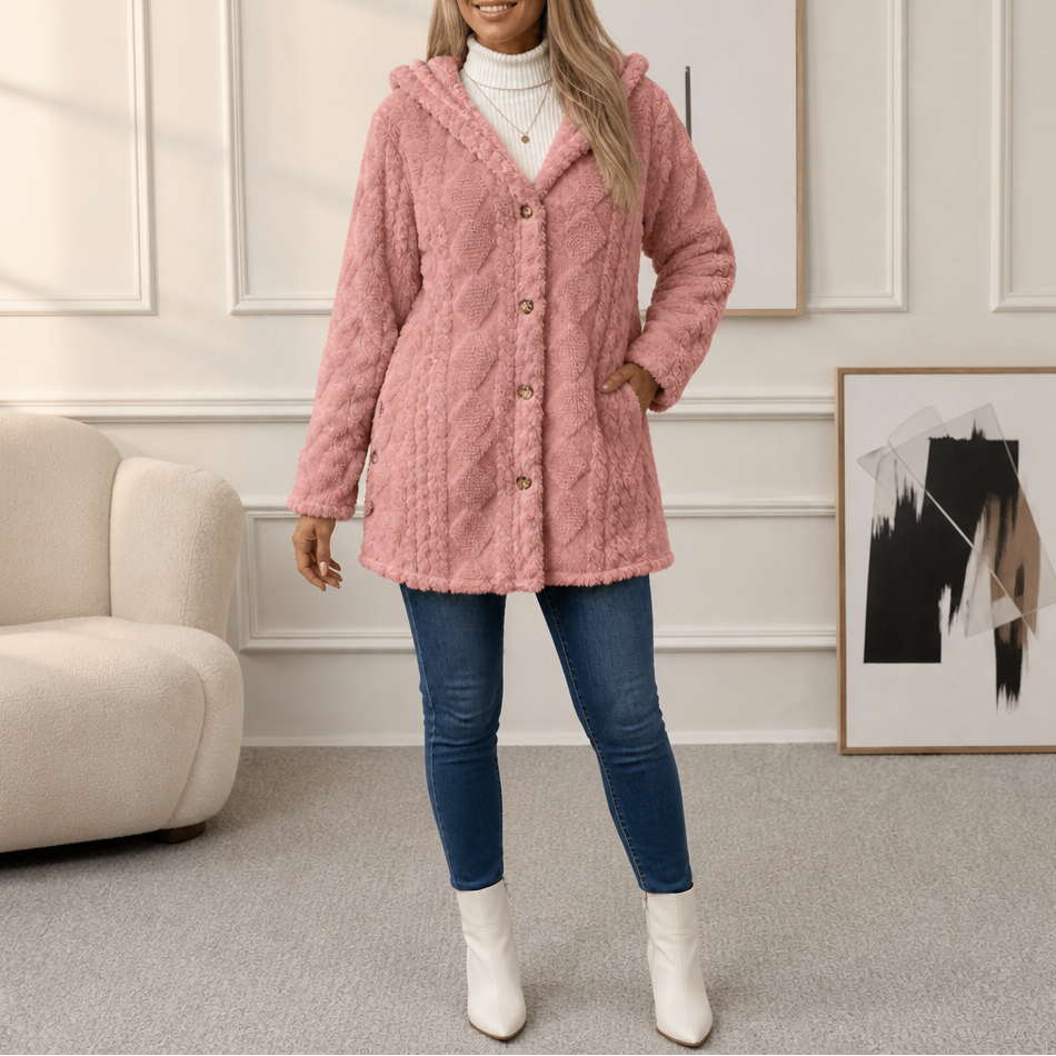 Amelia Plush Sherpa Jacket with Elegant Diamond Pattern, view 4 - Elena Harper
