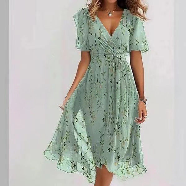Women's Midi Floral Wrap Dress – A-Line Style with Short Sleeves