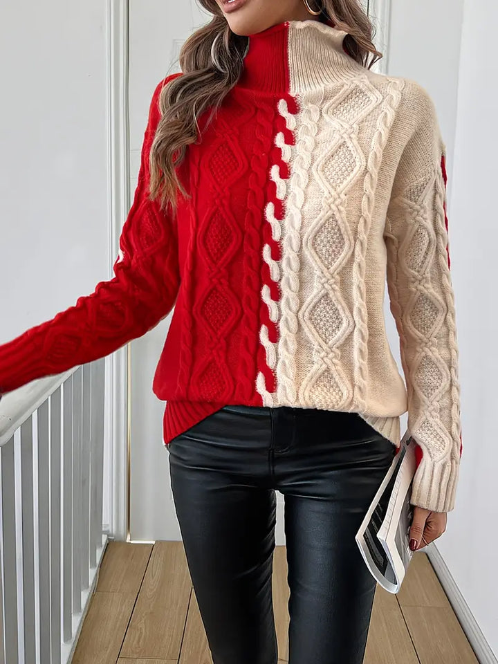 Leovia Elegant Striped Sweater with High Collar, view 3 - Elena Harper