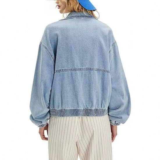 Short Retro Style Denim Jacket with Zip and Lapels
