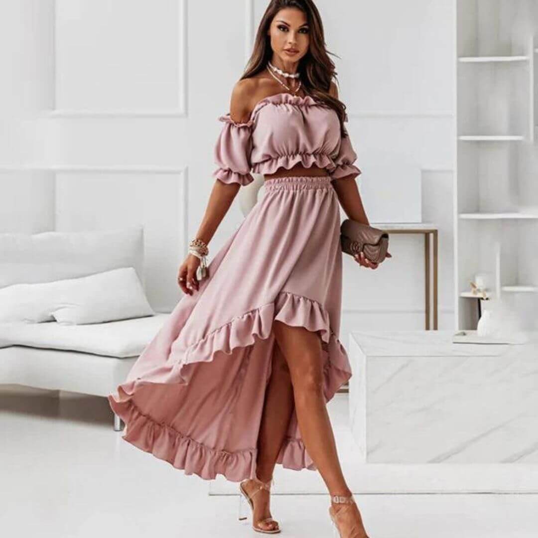 Women's Off-Shoulder Frill Crop Top & High-Low Skirt Set, view 10 - Elena Harper