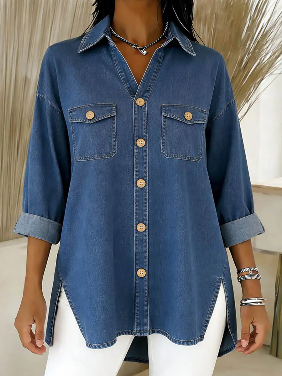Women's Long Denim Shirt with Loose Fit and Pockets