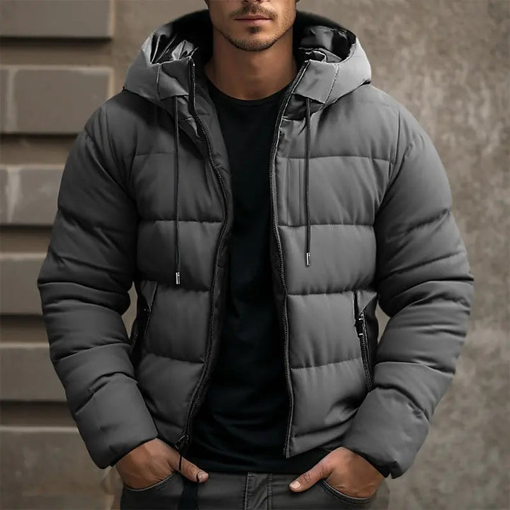 Men's Quilted Hooded Down Jacket with Zippered Pockets