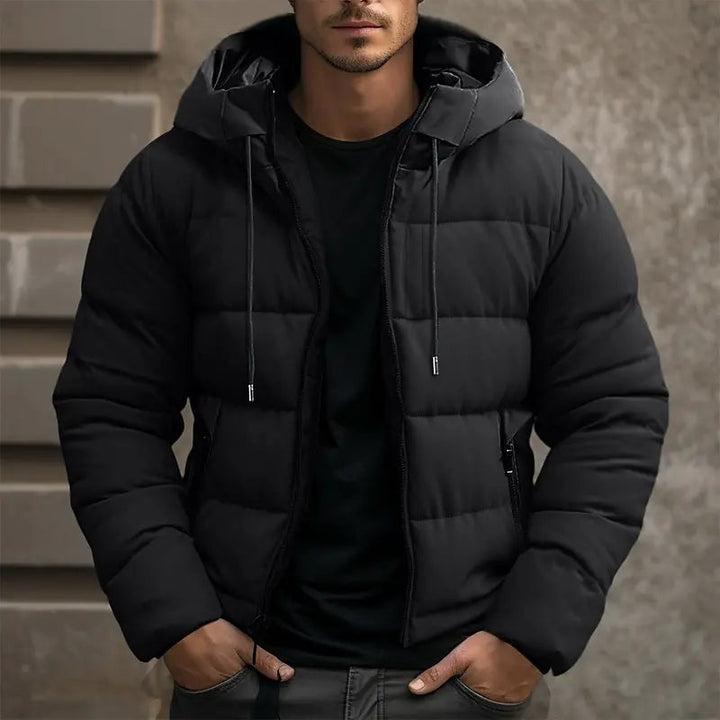 Men's Quilted Hooded Down Jacket with Zippered Pockets